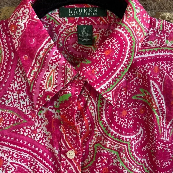 Lauren Ralph Lauren Pink Paisley Lightweight 100% Cotton Button Front Shirt - Picture 3 of 4